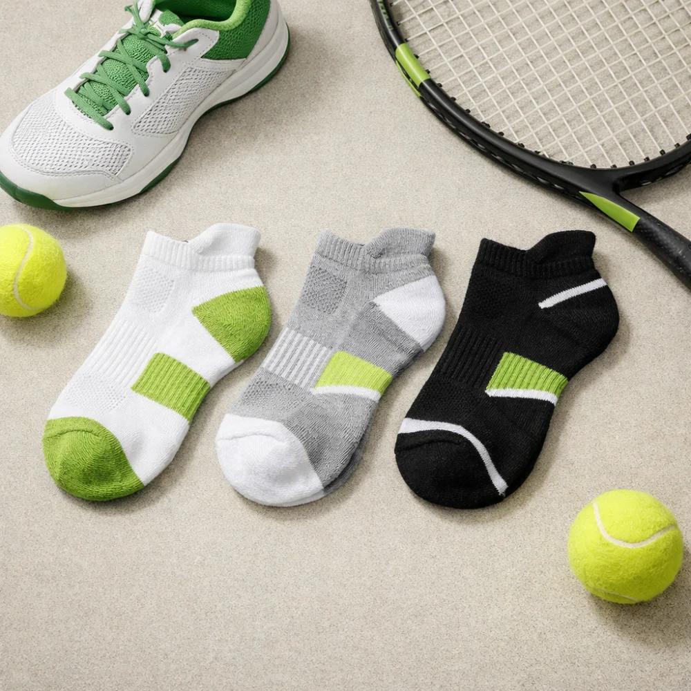 Women’s tennis socks laid out beside a tennis shoe and racket