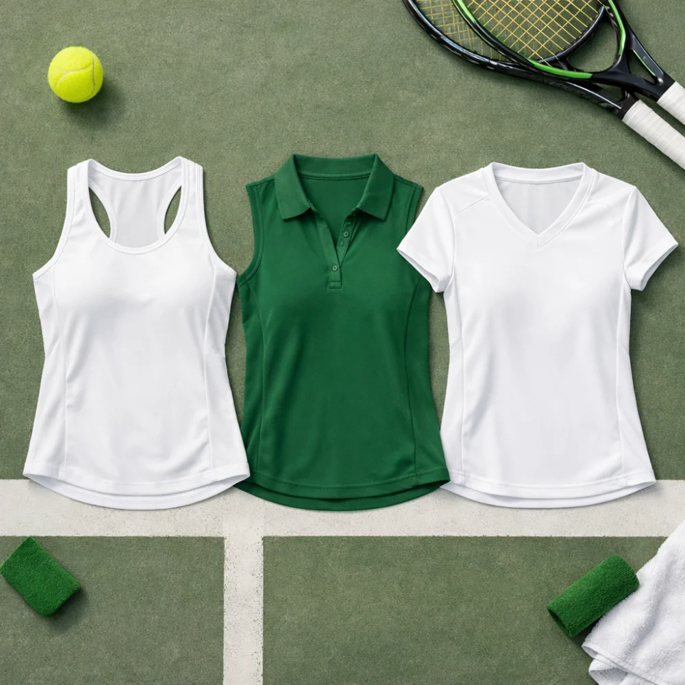 Three women’s tennis tops in different cuts laid out side by side.