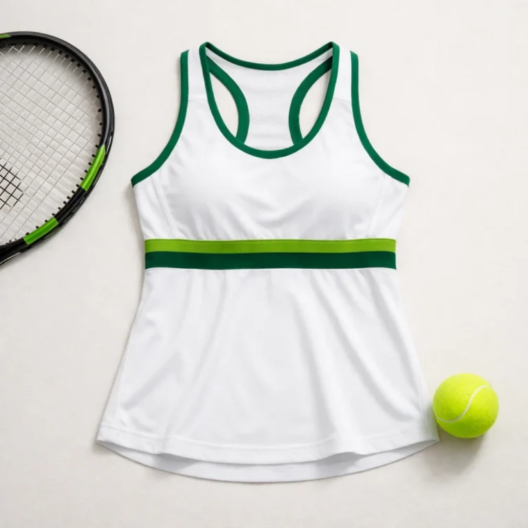 Women’s tennis top styled with a racket and tennis ball on a neutral background.