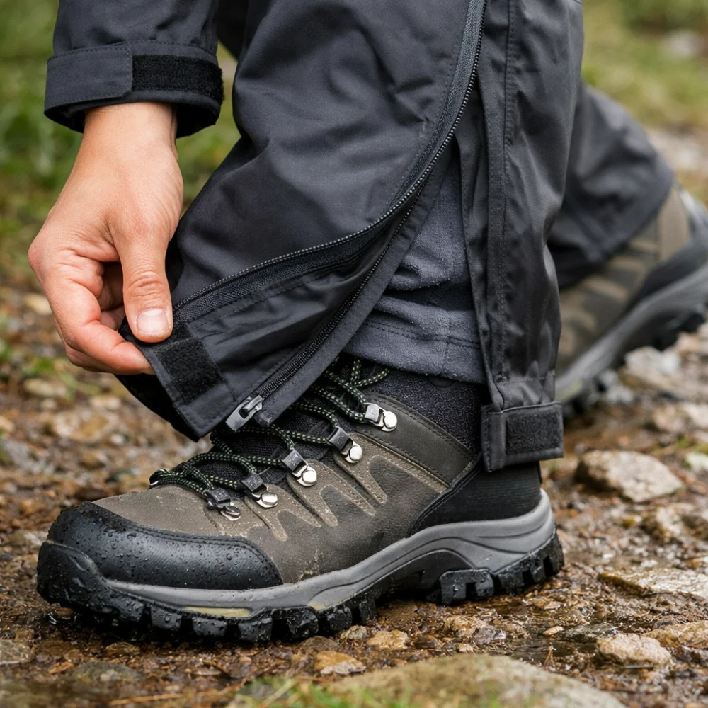 Waterproof trousers being worn over layers and boots