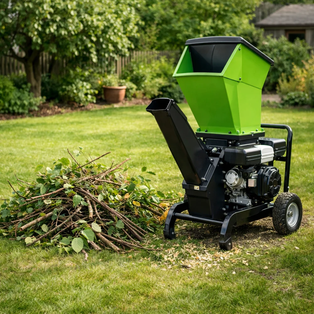 A wood chipper beside pruned garden branches in an outdoor setting