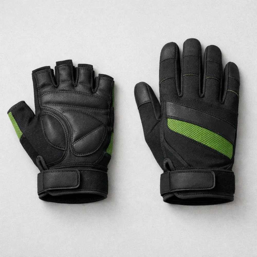 Fingerless and full-finger workout gloves shown side by side.