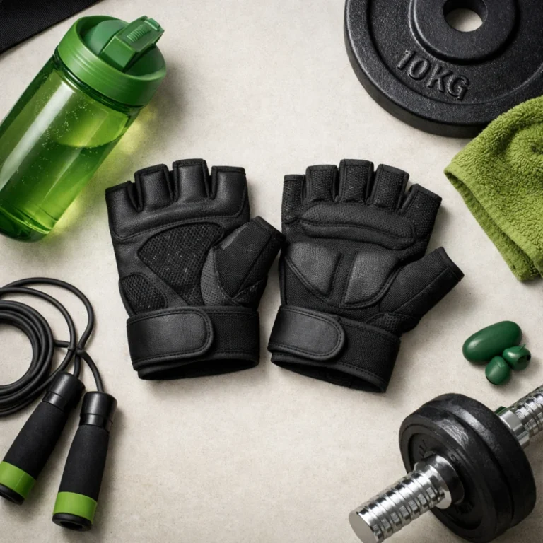 Unbranded workout gloves arranged on a neutral surface with simple training accessories.