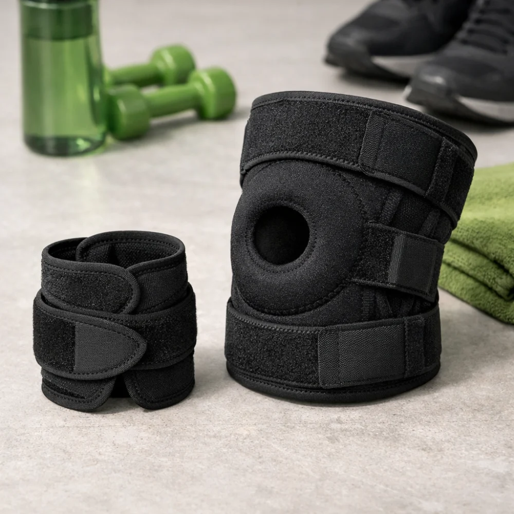 A wrist support and a knee support shown on a plain background.