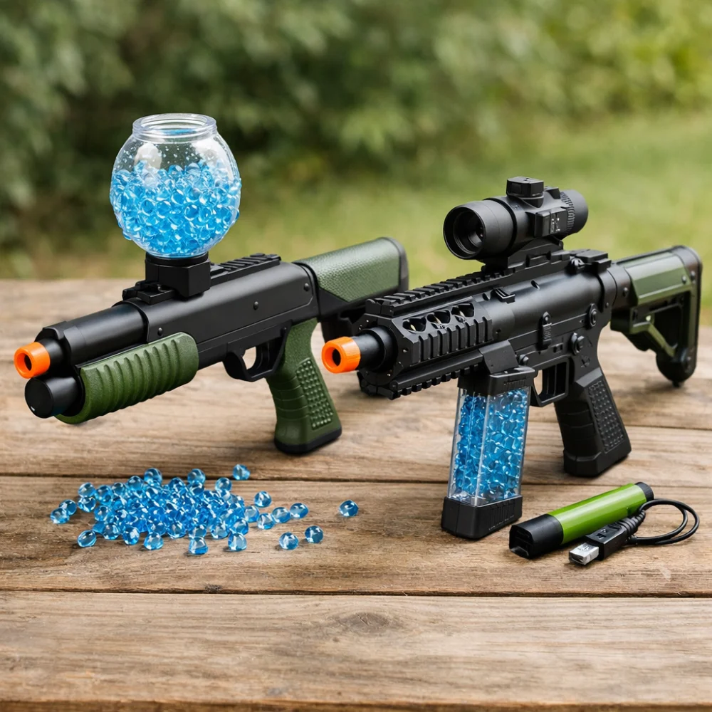 Two different gel blaster styles displayed side by side for comparison.