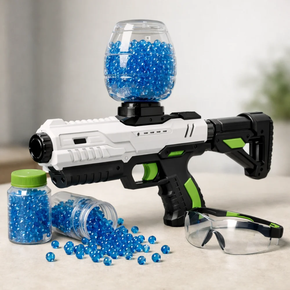 A gel blaster, gel ammo and protective eyewear arranged on a neutral background.